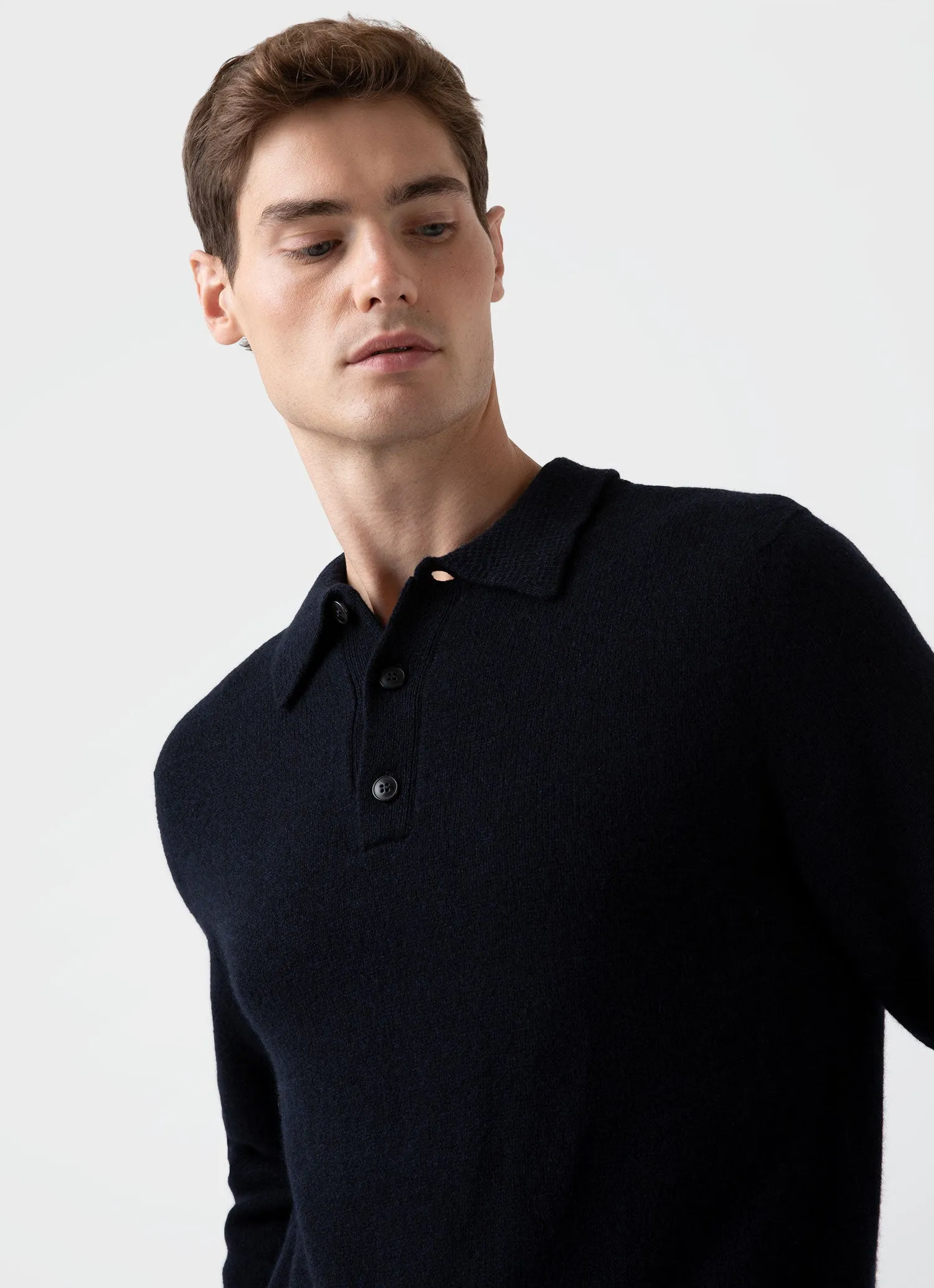 Men's Lambswool Polo Shirt in Dark Navy Mouline