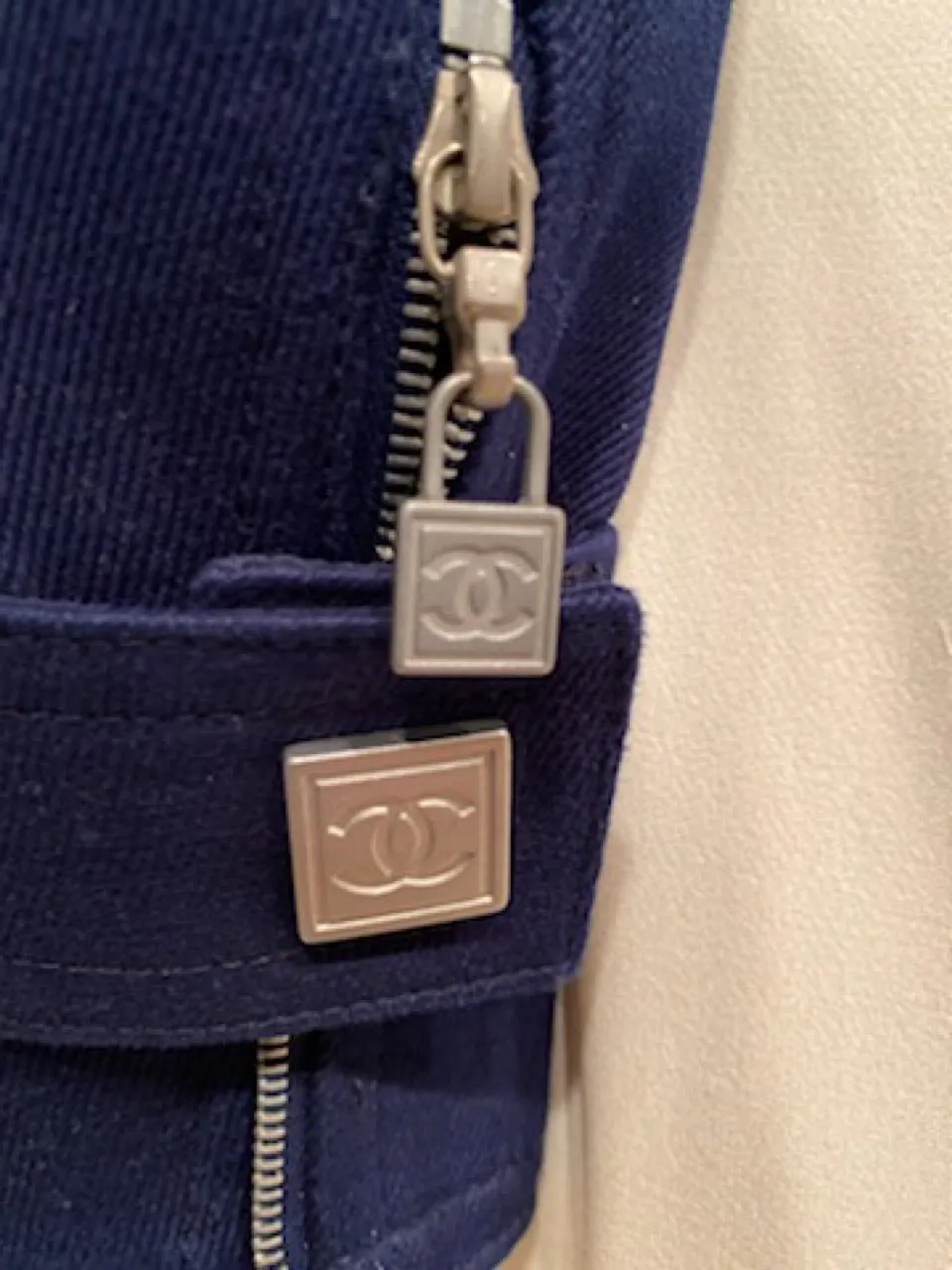 NWT Chanel 05P 2005 Spring short Sporty Navy Blue jacket logo zippers FR 36