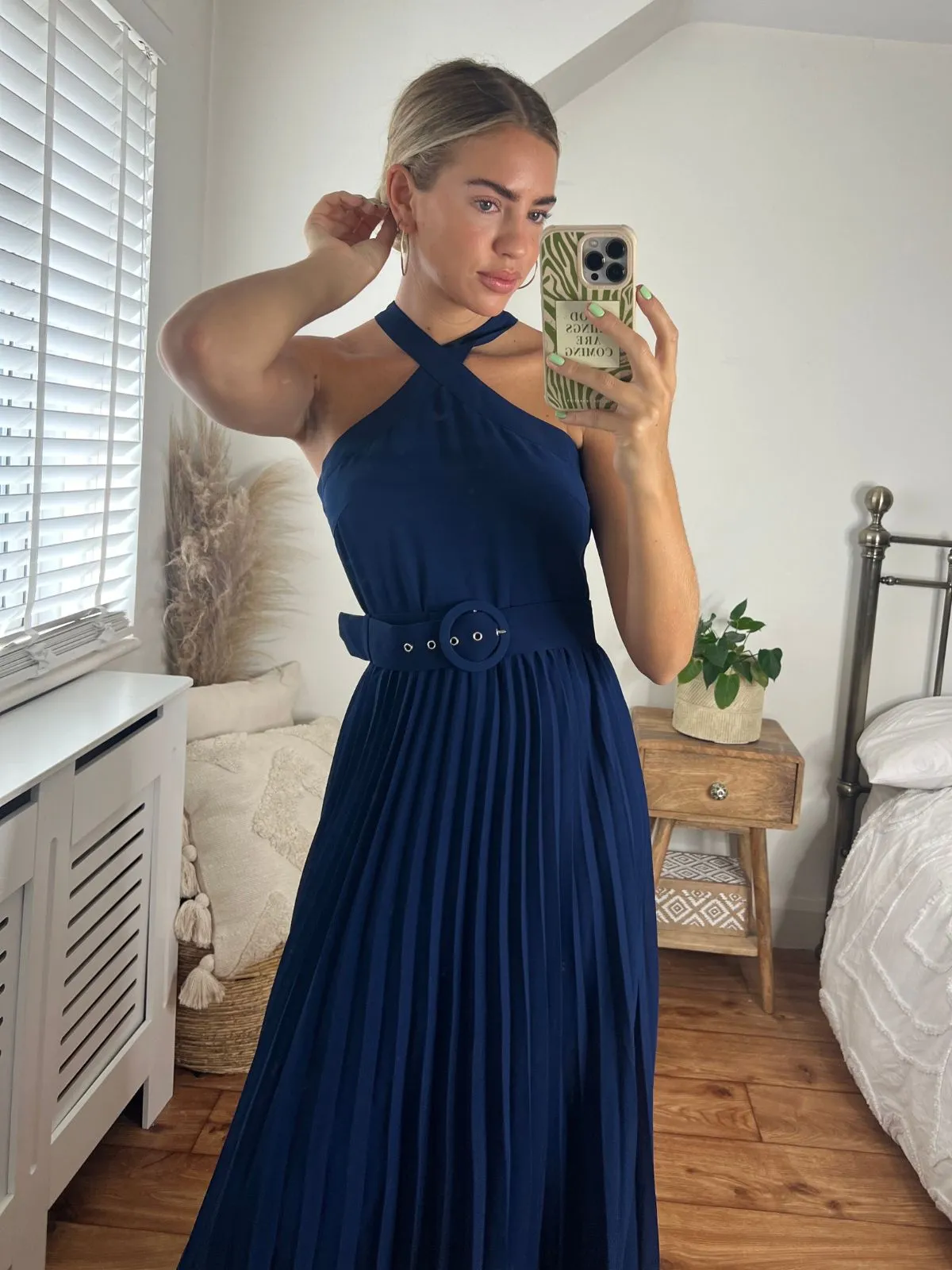 Paige Halter Pleated Belted Dress / Navy