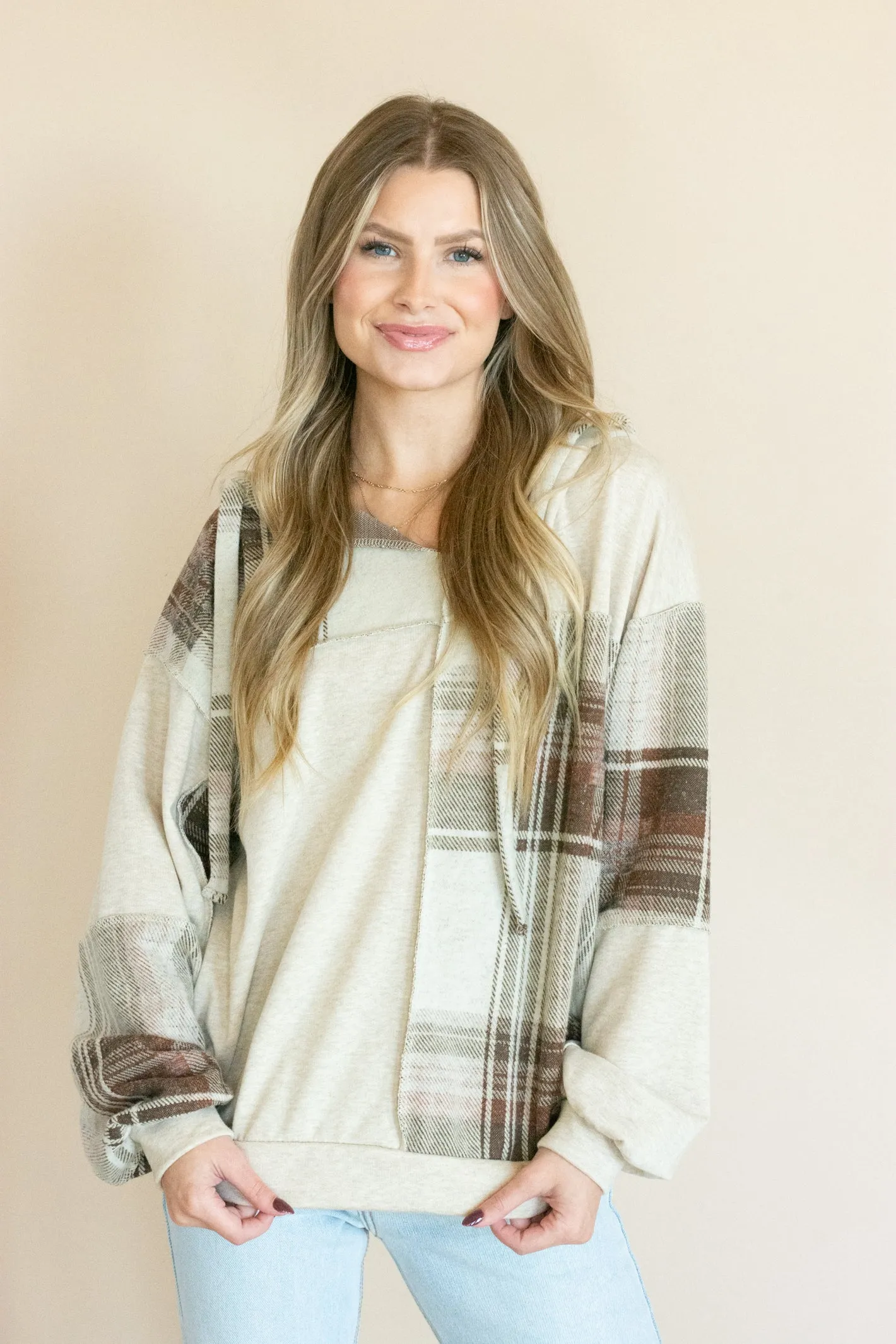 Passionate Heart Plaid V-Neck Hoodie Top