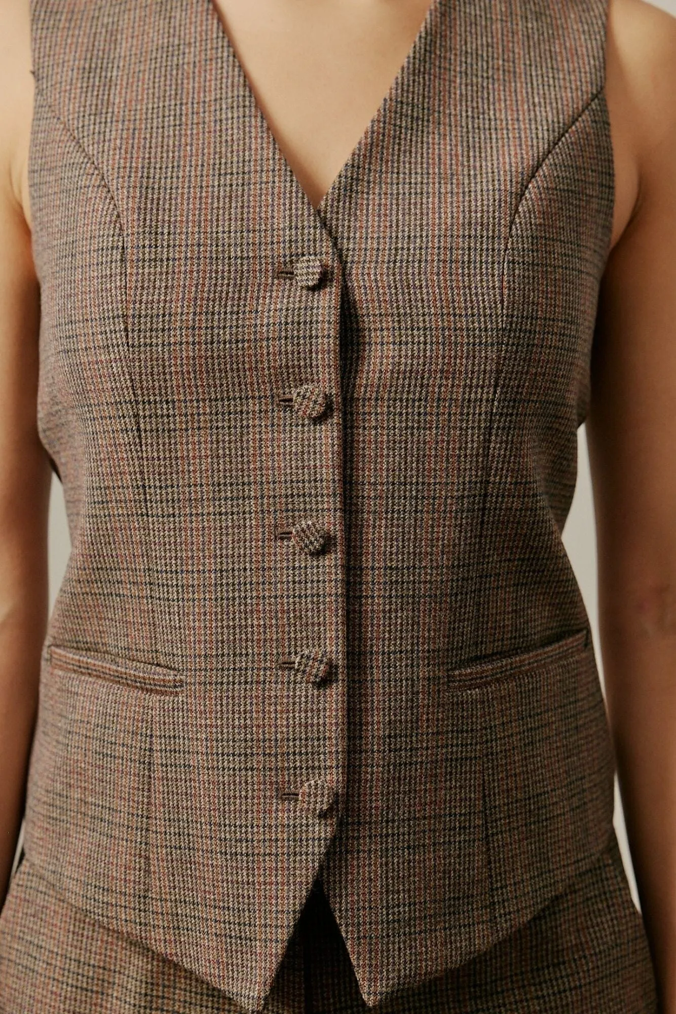 Rachel 5 Button Vest - Brown and Orange Tweed