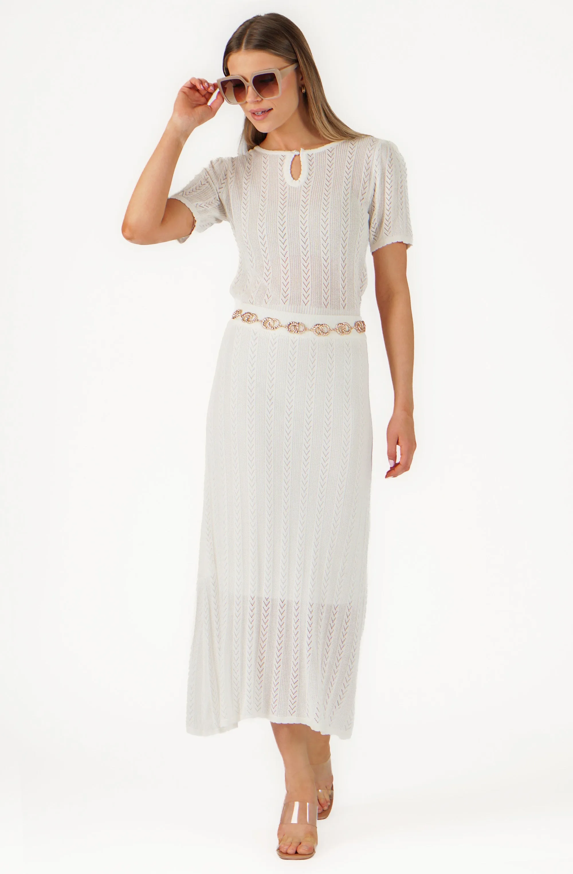 See-Through Embossed Knit Midi Skirt