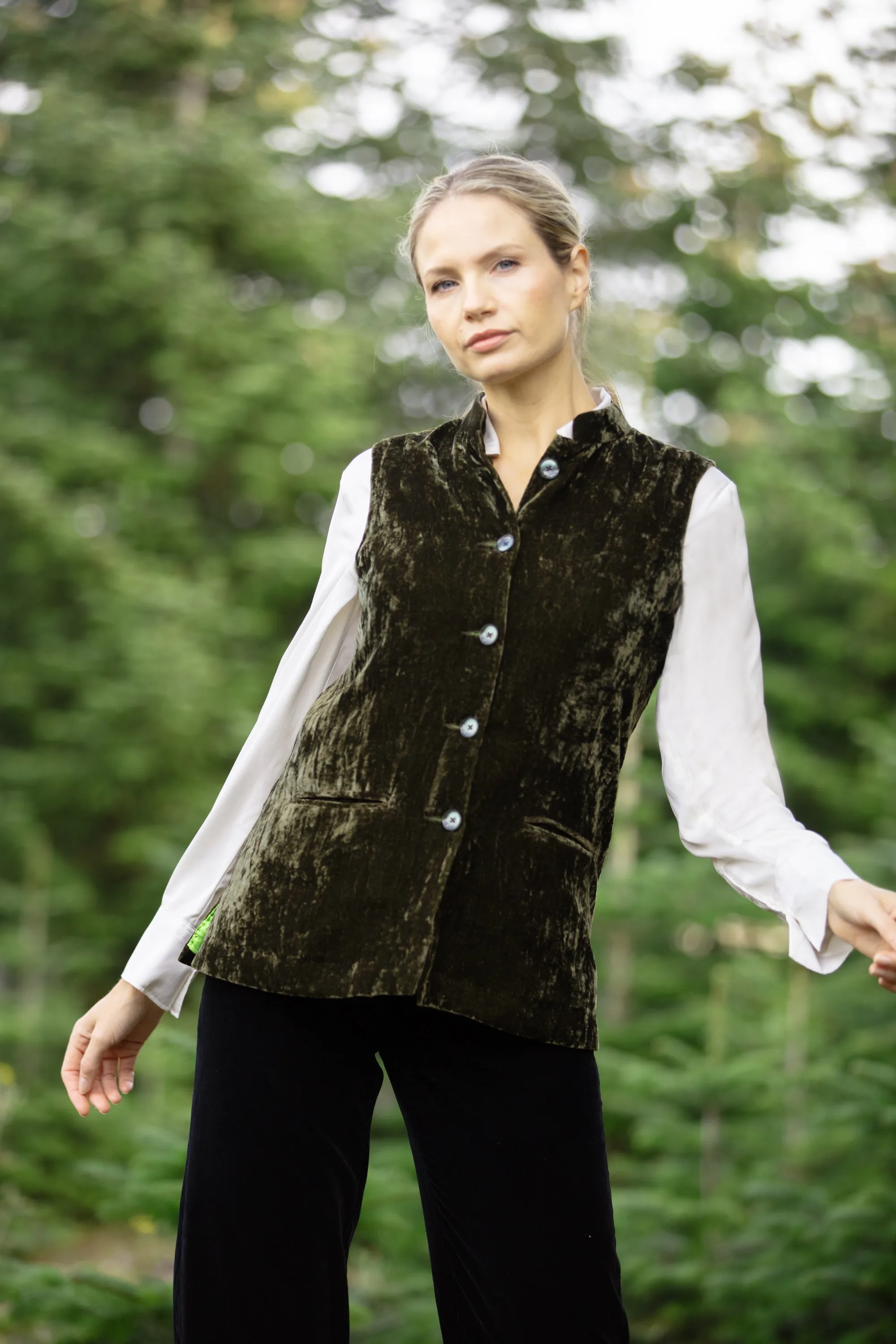 Short Silk Velvet Waistcoat In Olive Green