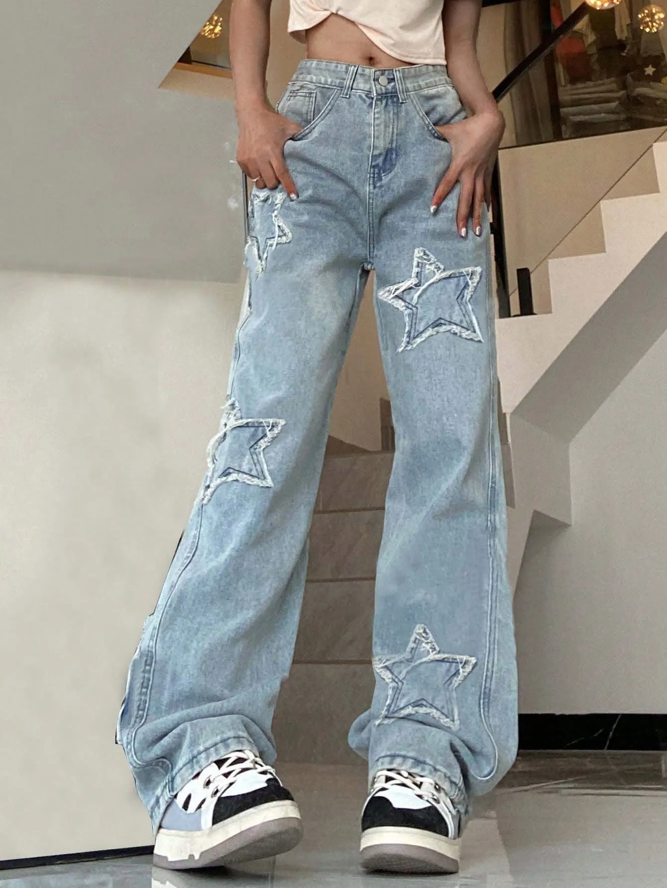 Star Patched Wide Leg Jeans