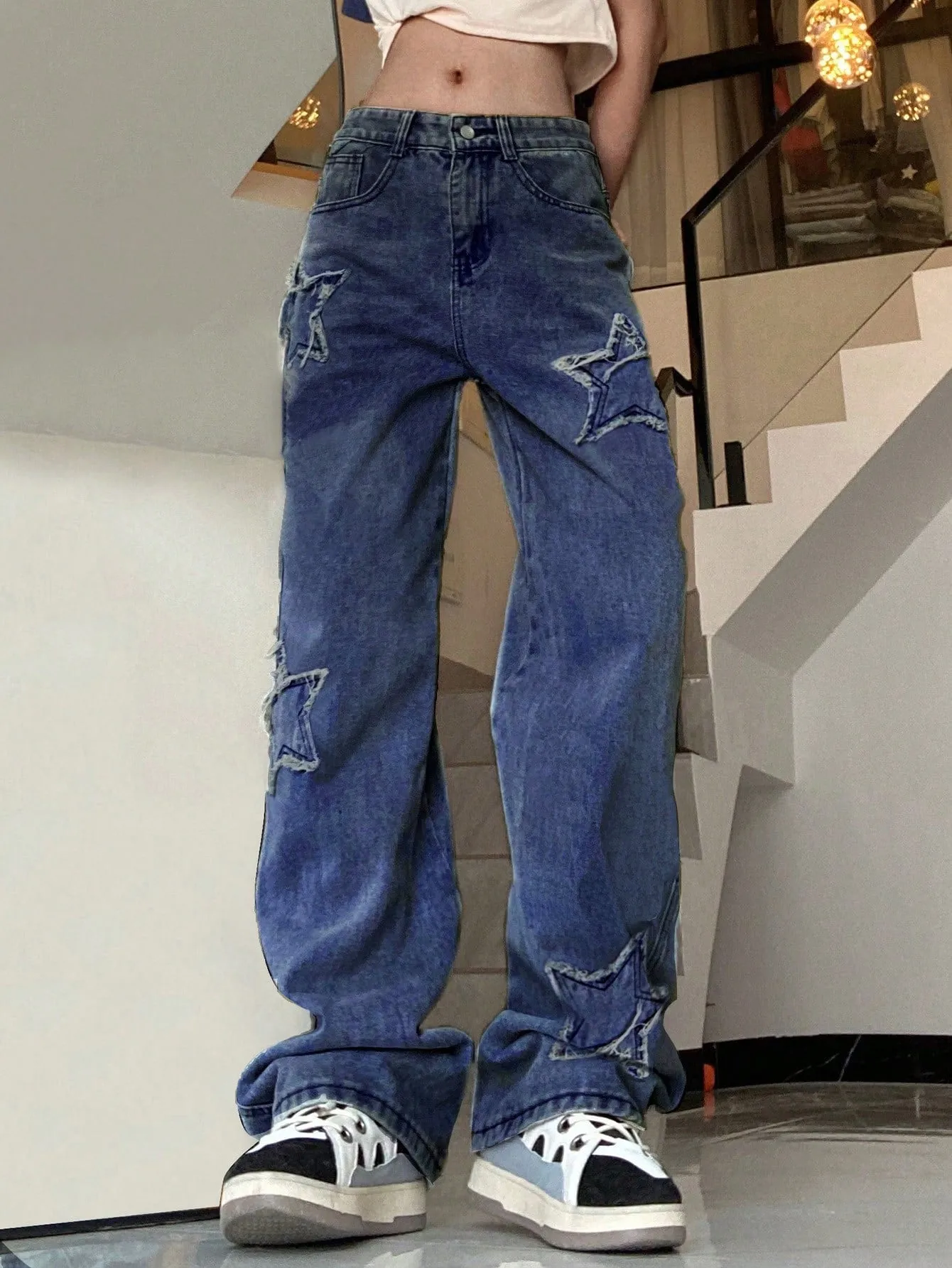 Star Patched Wide Leg Jeans