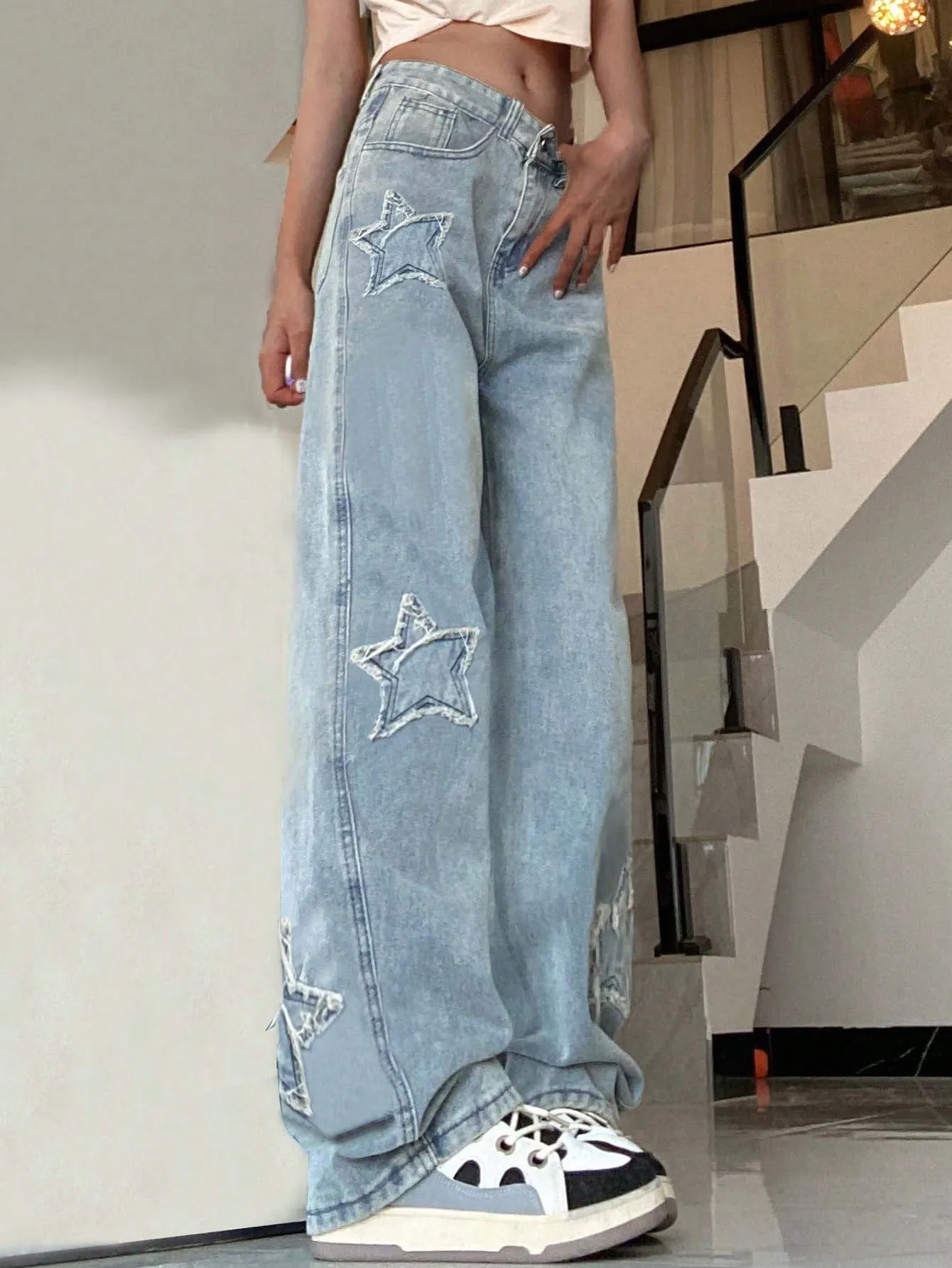 Star Patched Wide Leg Jeans