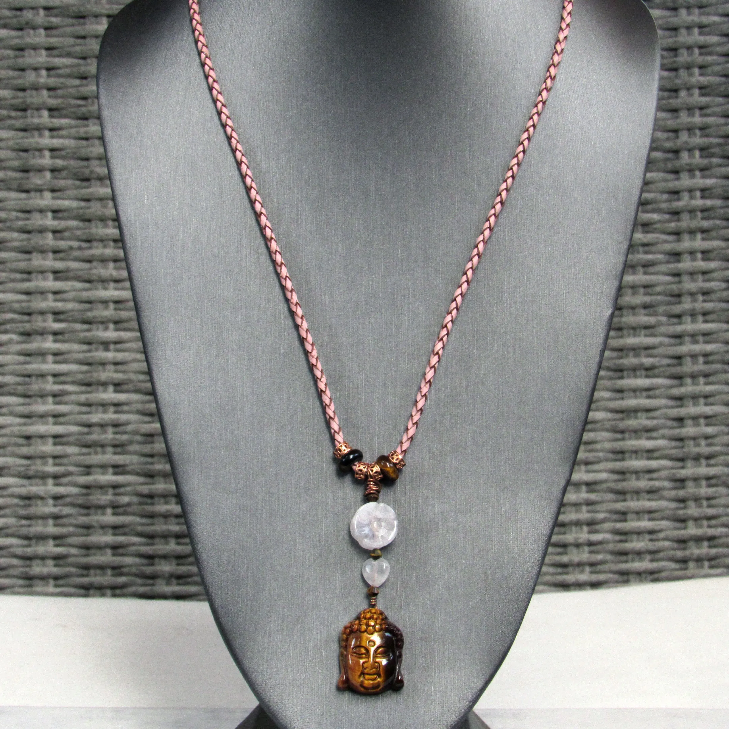 Tiger Eye Buddha Copper, Rose Quartz Flower, on Tan Braided Leather with Copper Clasp