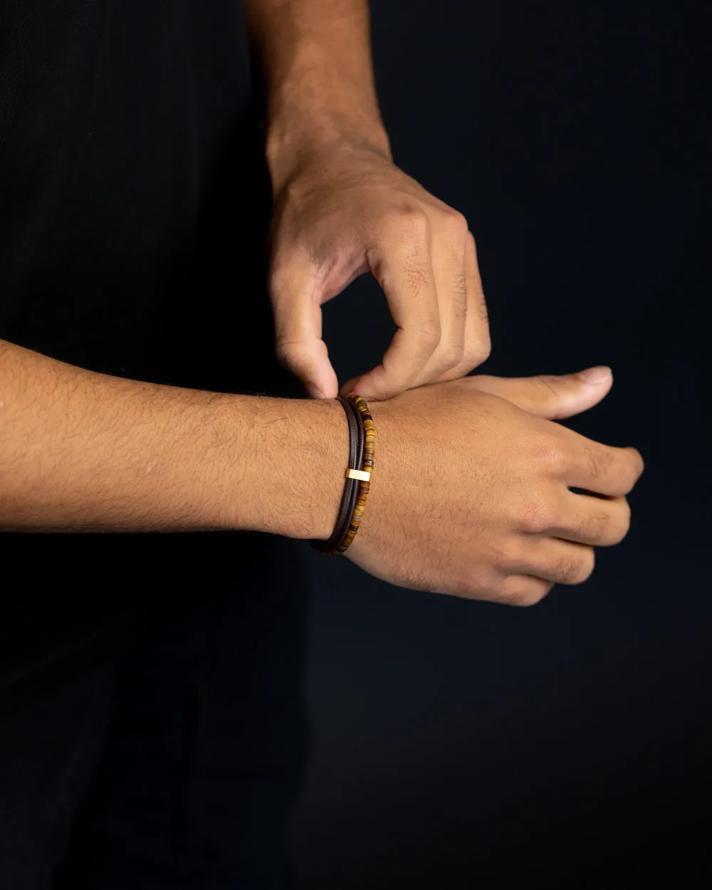 Triple bracelet with Italian leather and 2mm Tiger Eye stones