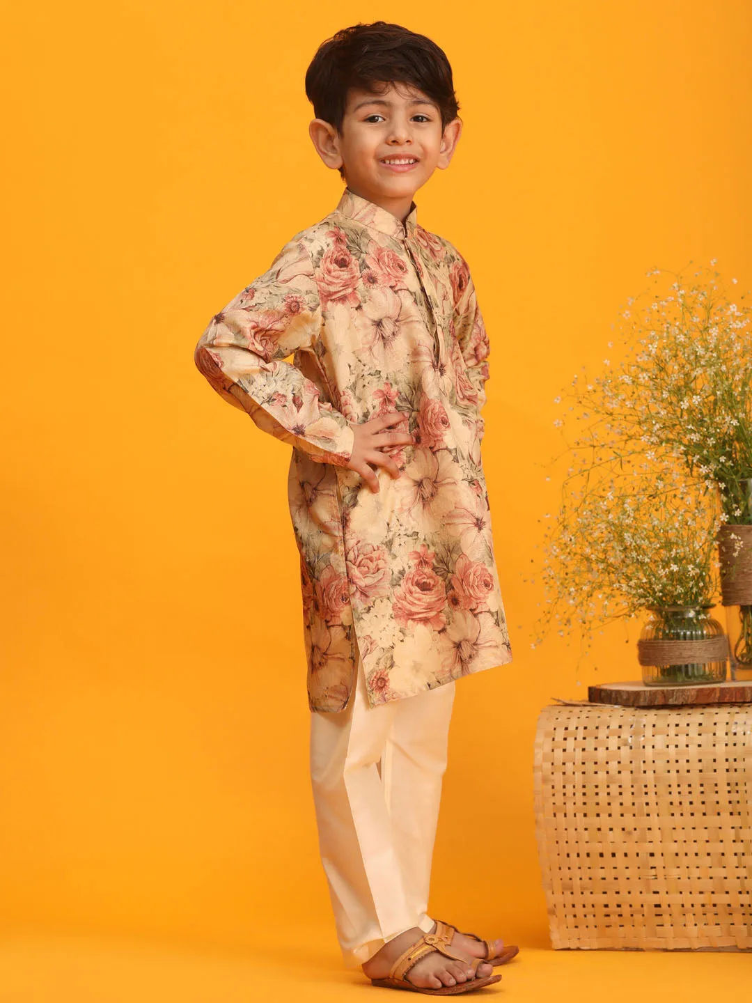 VASTRAMAY Boy's Beige Floral Printed Kurta Pyjama Set