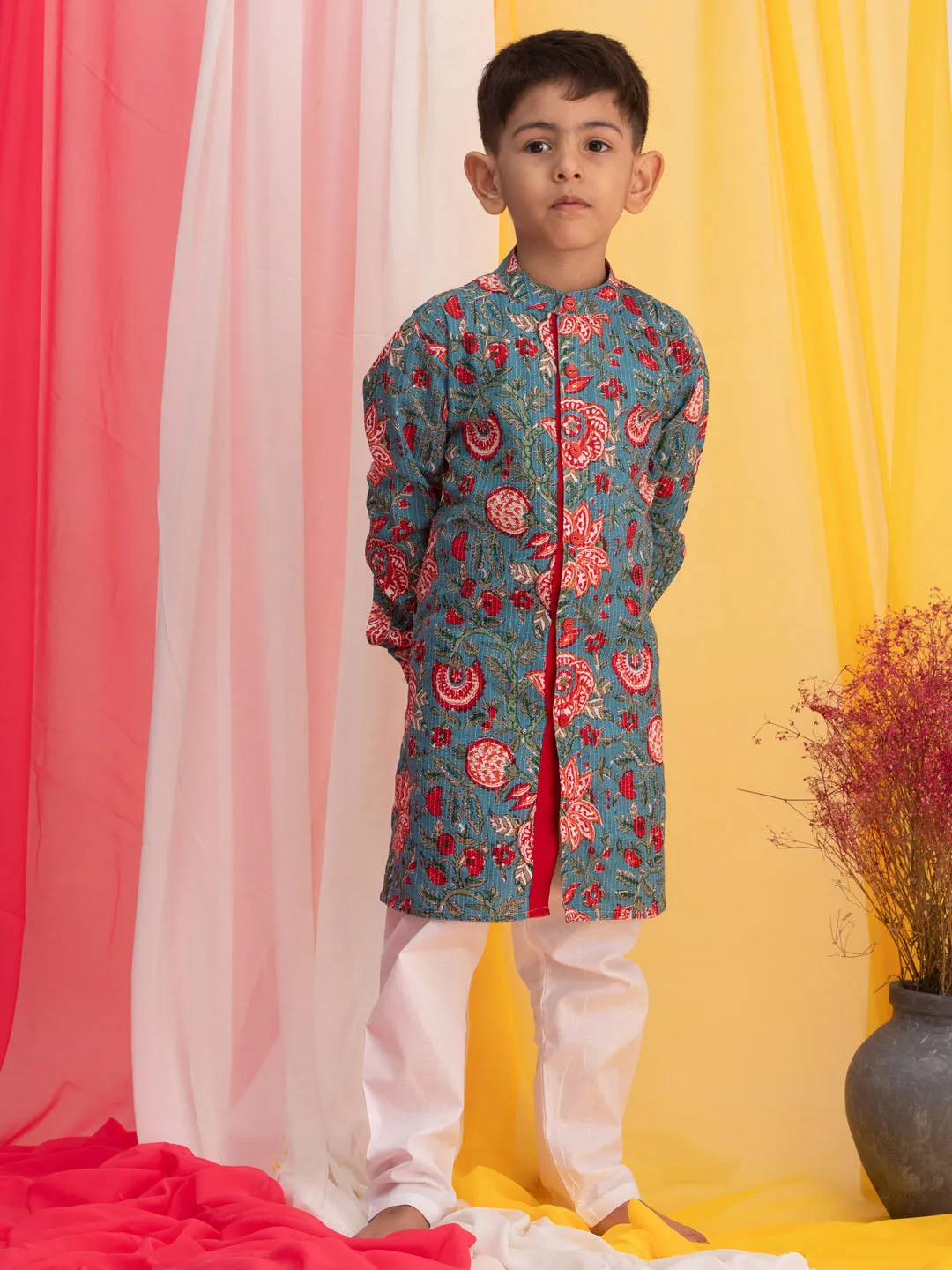 VASTRAMAY Boy's Blue Floral Print Front Open Kurta with Pyjama Set