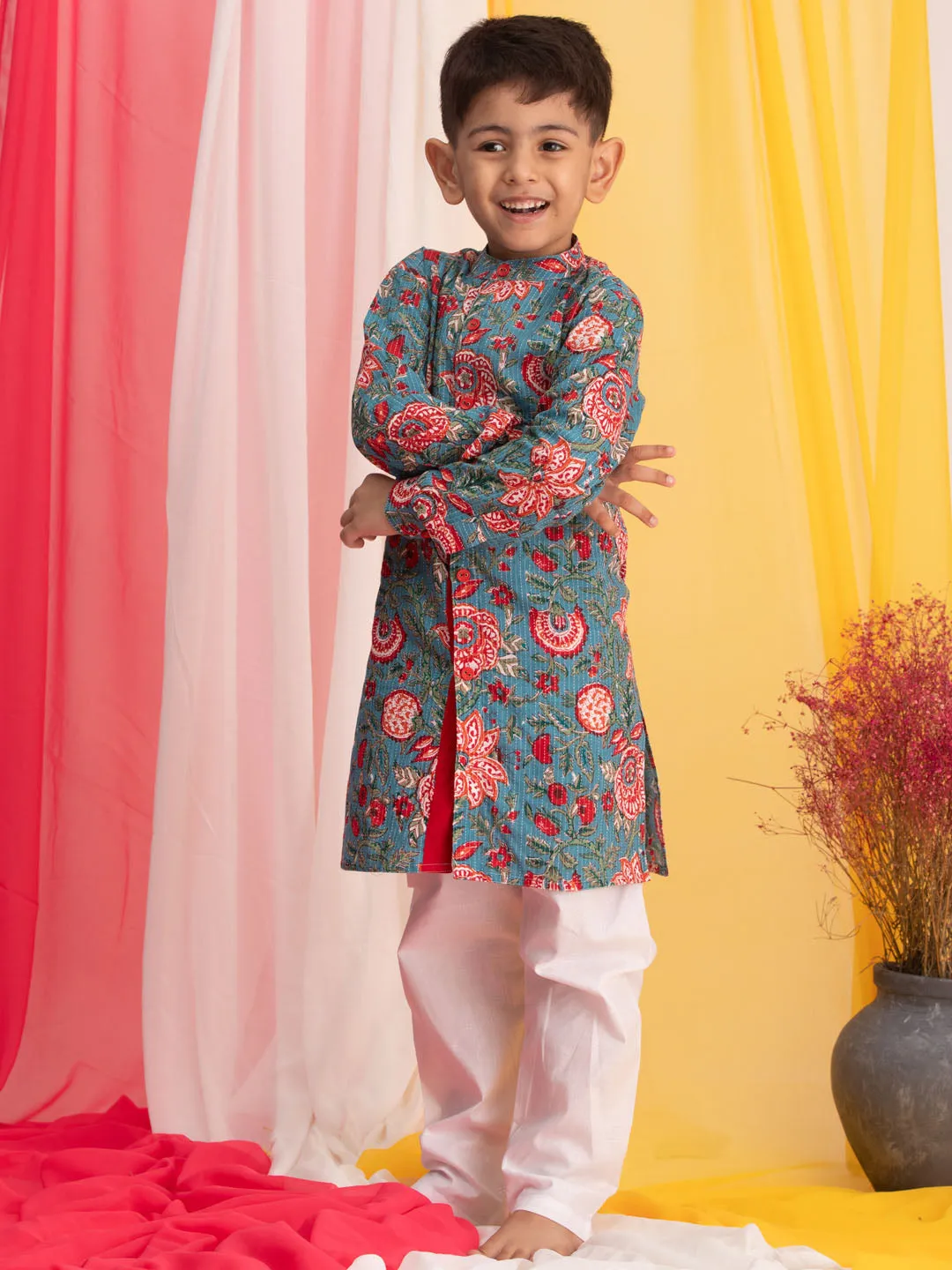 VASTRAMAY Boy's Blue Floral Print Front Open Kurta with Pyjama Set