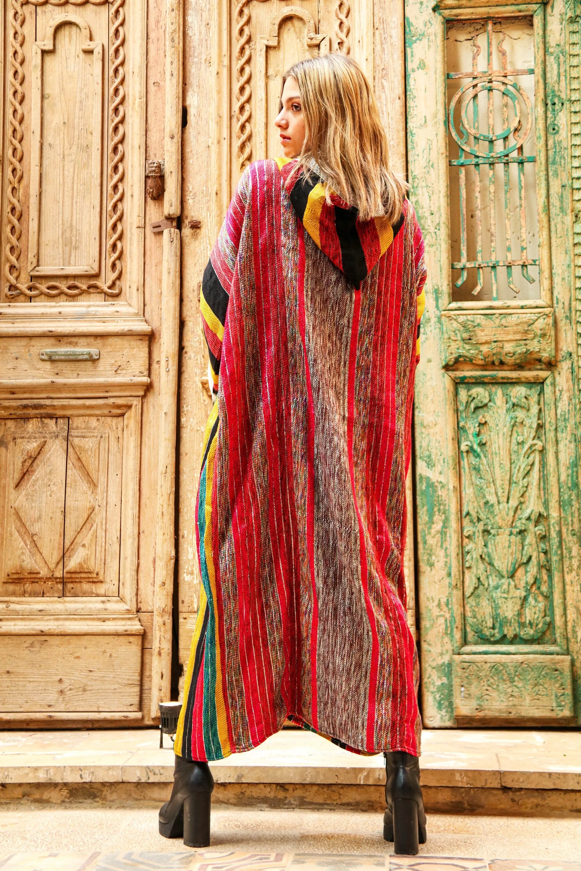 Vibrant Rainbow hand loomed Coat, Plus size wool Coat, Egyptian hoody coat, Winter coat, Hooded Coat, Hand loomed coat, boho wool coat