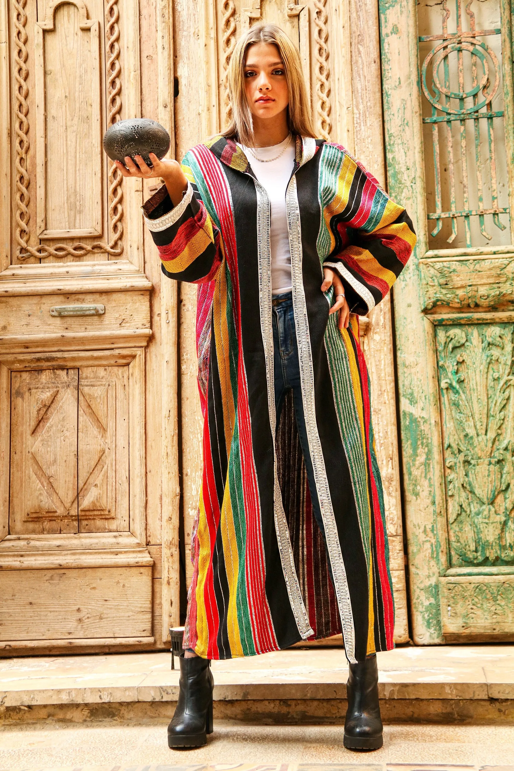 Vibrant Rainbow hand loomed Coat, Plus size wool Coat, Egyptian hoody coat, Winter coat, Hooded Coat, Hand loomed coat, boho wool coat