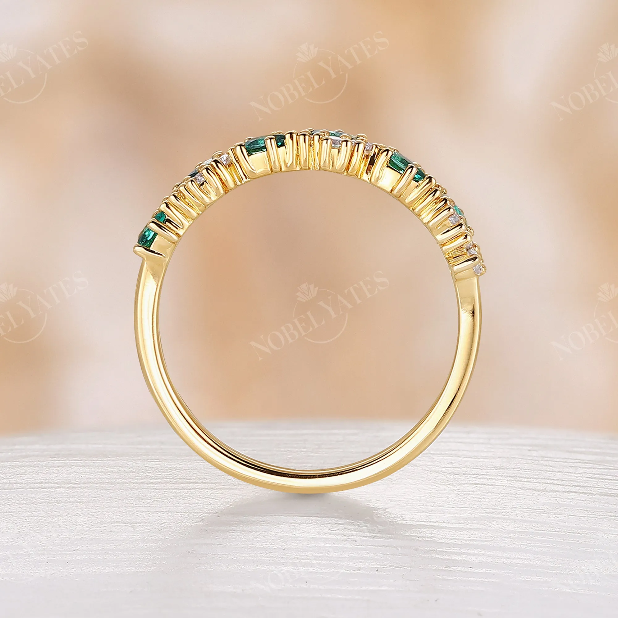 Vintage Pear Cut Lab Emerald Yellow Gold Cluster Wedding Band