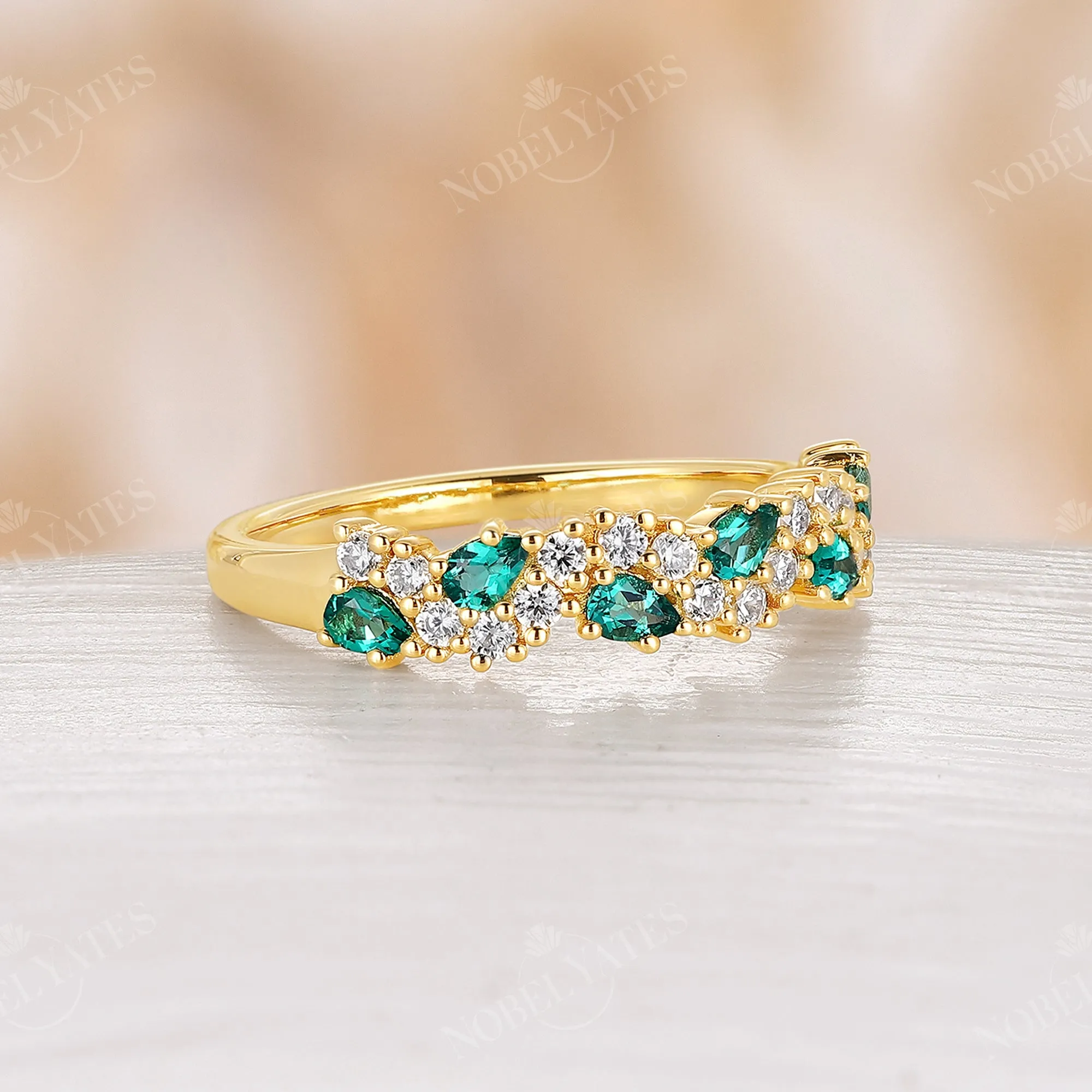 Vintage Pear Cut Lab Emerald Yellow Gold Cluster Wedding Band