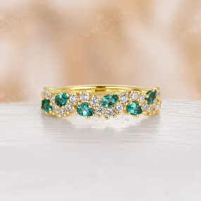 Vintage Pear Cut Lab Emerald Yellow Gold Cluster Wedding Band