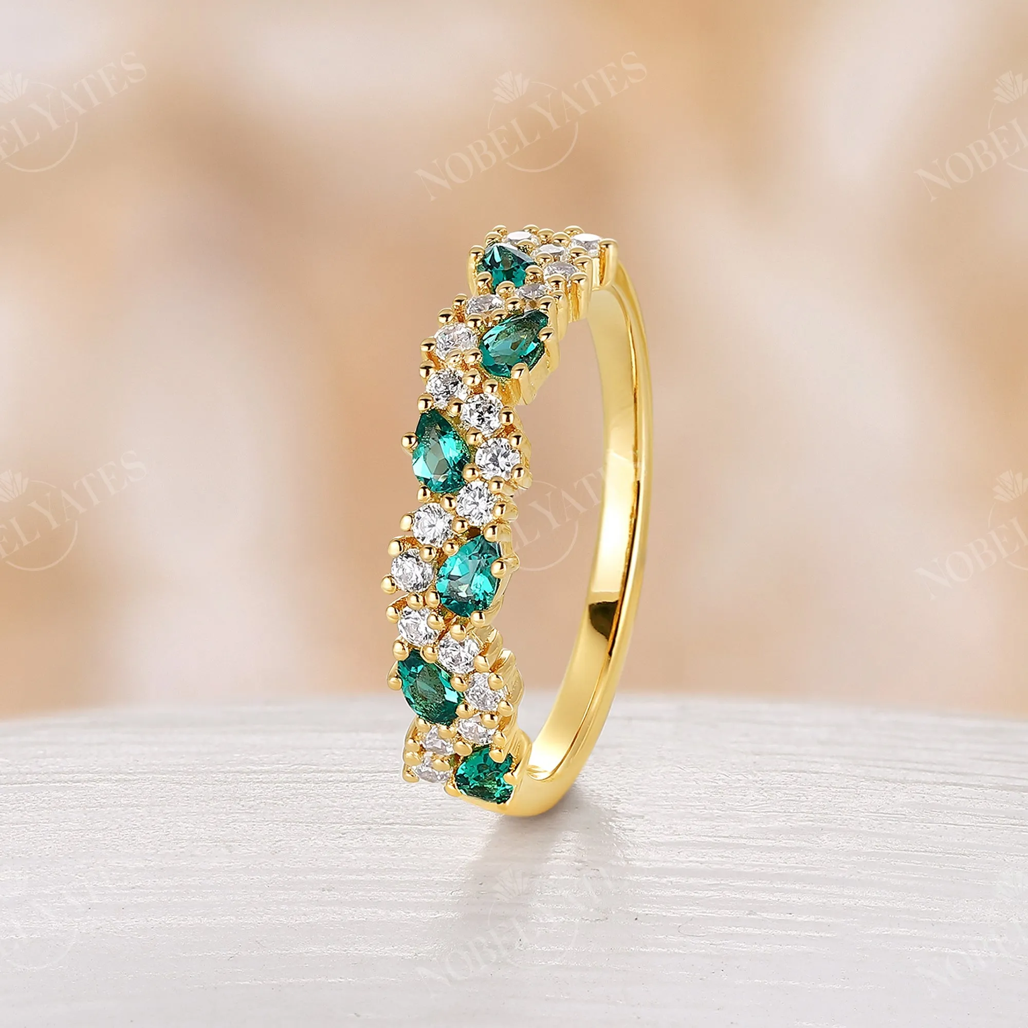 Vintage Pear Cut Lab Emerald Yellow Gold Cluster Wedding Band