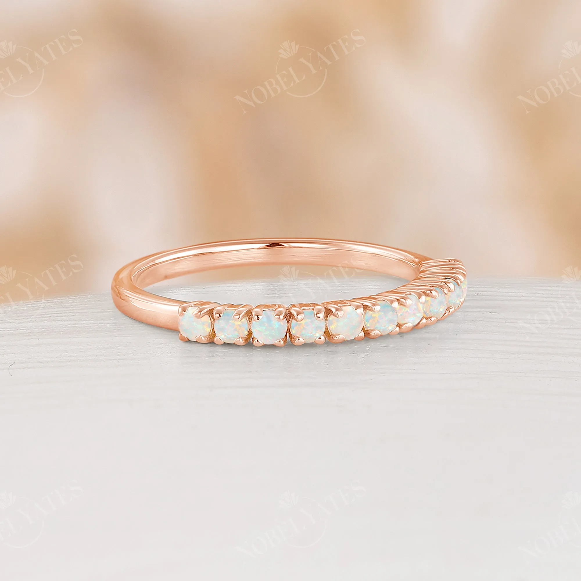 Vintage Round White Opal Rose Gold Eternity Wedding Band