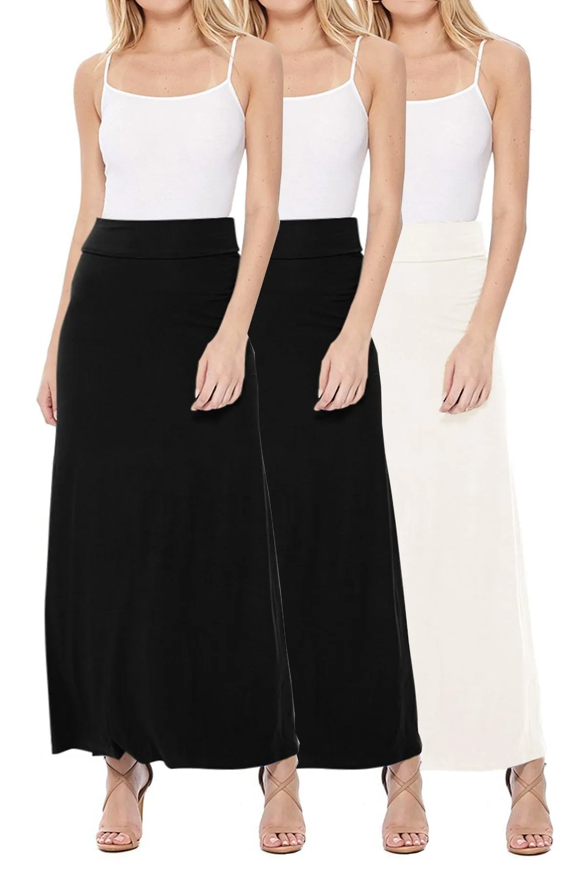 Women's Casual Solid High Waisted A -line Maxi Skirt Elastic Waistband (Pack of 3,1,NULL,NULL)