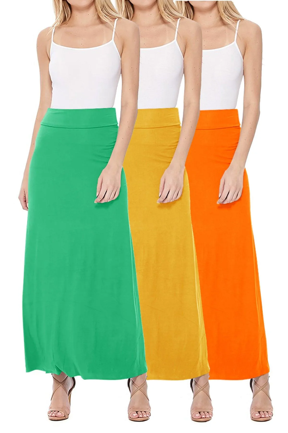 Women's Casual Solid High Waisted A -line Maxi Skirt Elastic Waistband (Pack of 3,1,NULL,NULL)