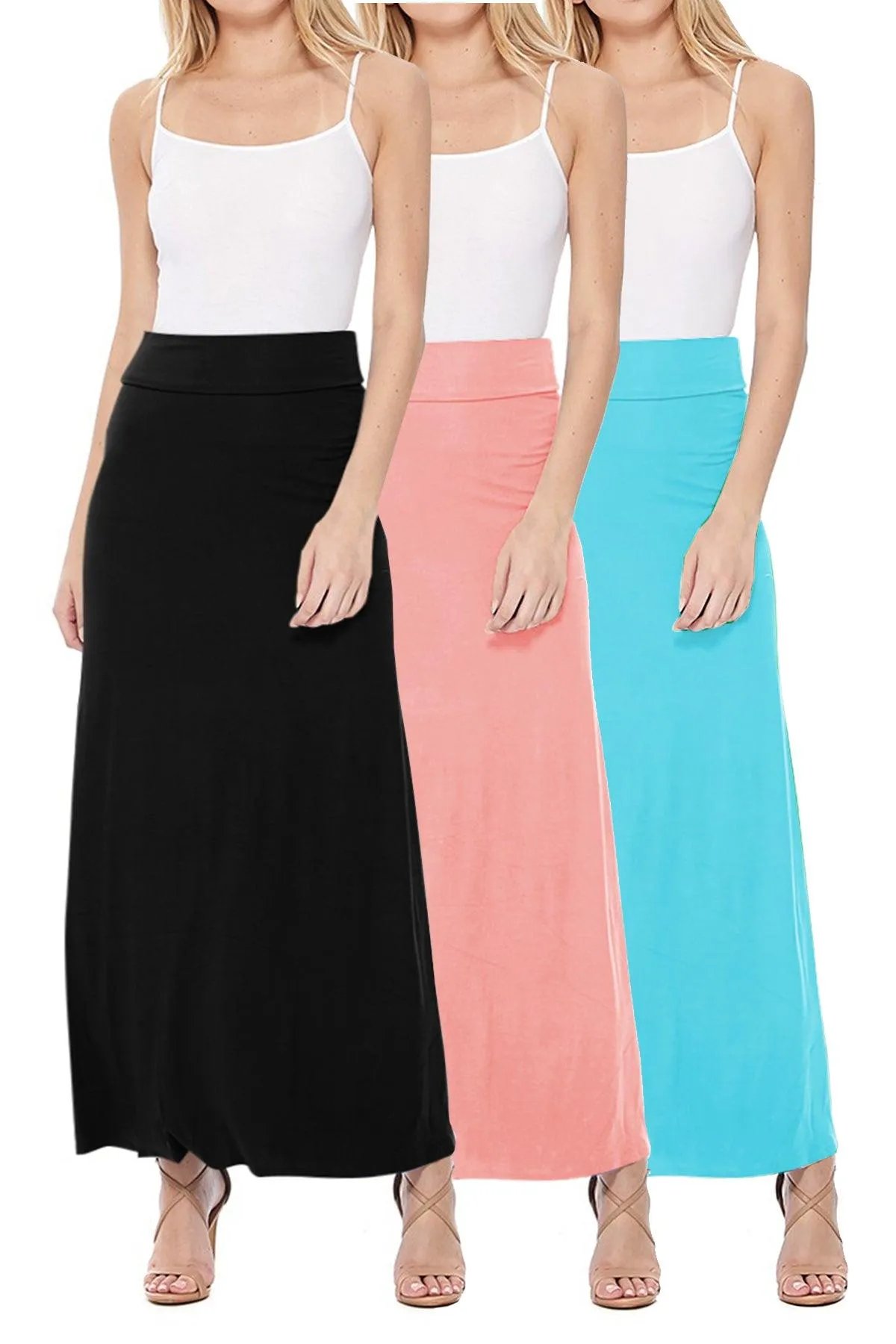 Women's Casual Solid High Waisted A -line Maxi Skirt Elastic Waistband (Pack of 3,1,NULL,NULL)