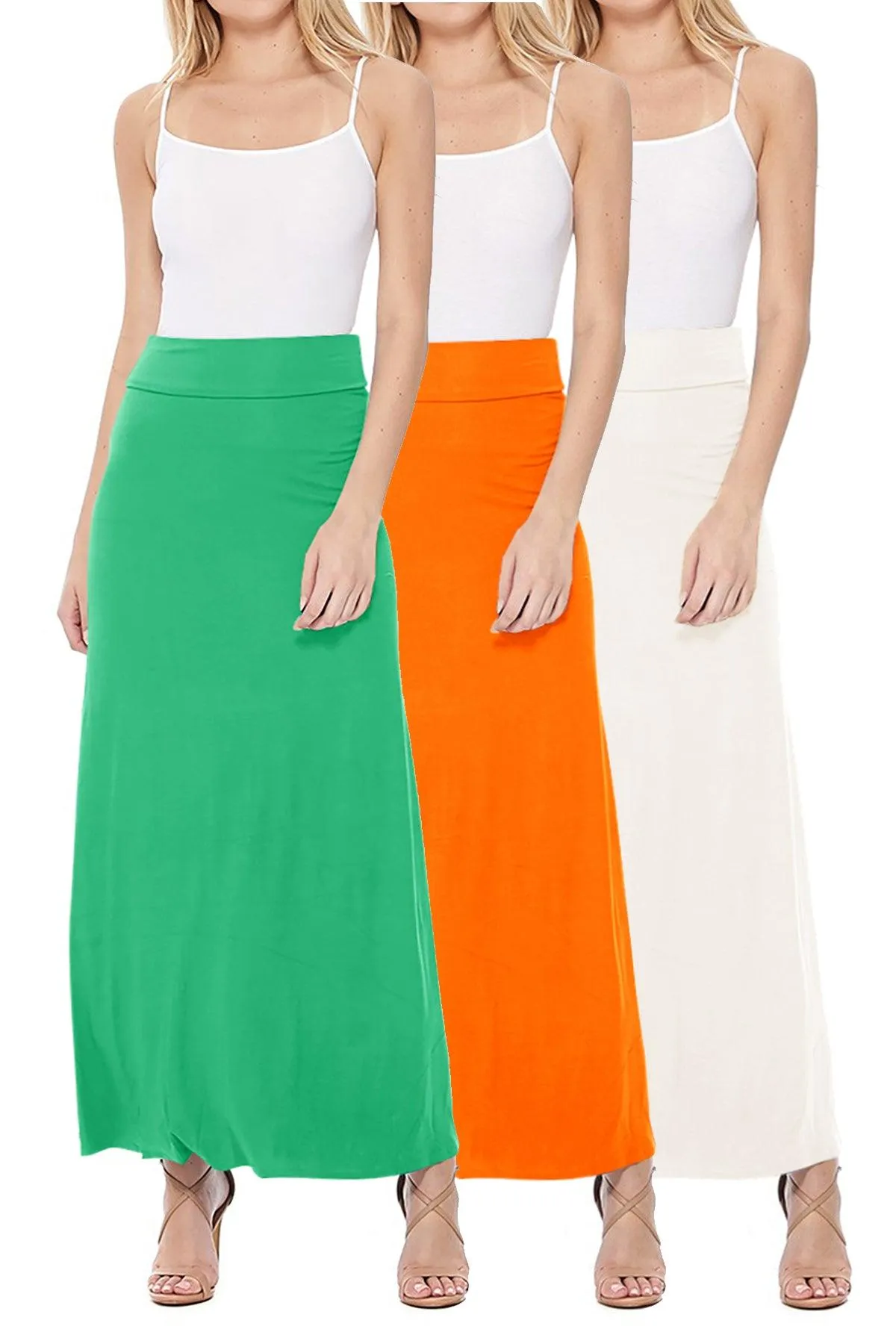 Women's Casual Solid High Waisted A -line Maxi Skirt Elastic Waistband (Pack of 3,1,NULL,NULL)