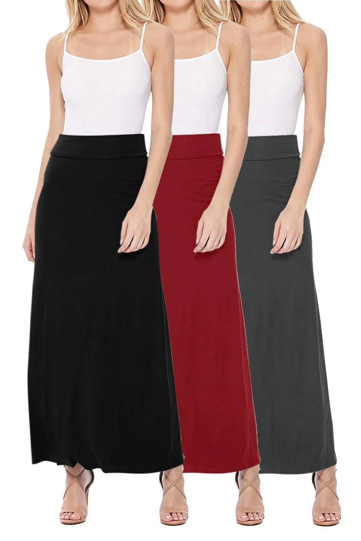 Women's Casual Solid High Waisted A -line Maxi Skirt Elastic Waistband (Pack of 3,1,NULL,NULL)