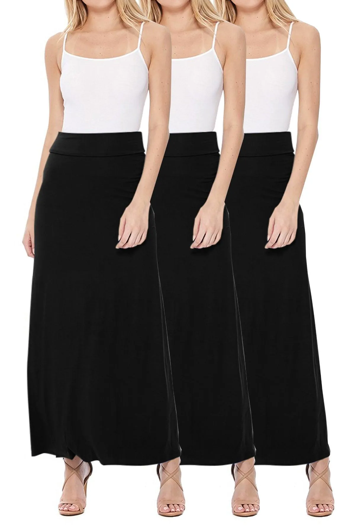 Women's Casual Solid High Waisted A -line Maxi Skirt Elastic Waistband (Pack of 3,1,NULL,NULL)